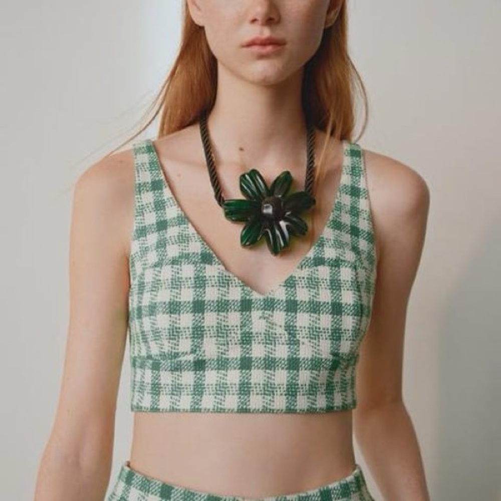 ZARA Green and White Checkered (Gingham) Crop Top